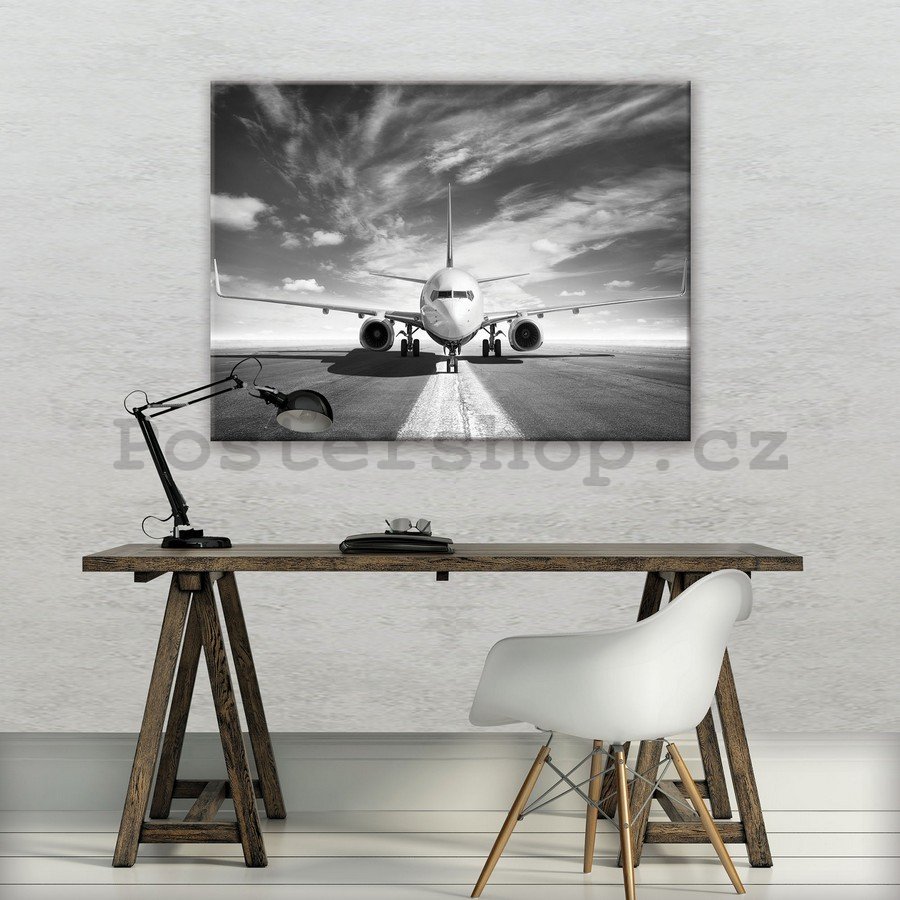 Obraz na plátně: Proudové letadlo (černobílé) - 75x100 cm