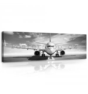 Obraz na plátně: Proudové letadlo (černobílé) - 145x45 cm