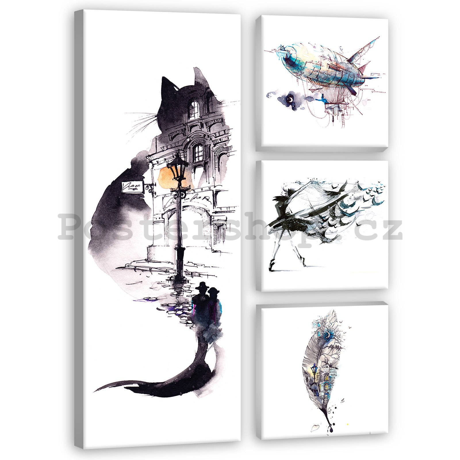 Obraz na plátně: Černobílá kočka - set 1ks 80x30 cm a 3ks 25,8x24,8 cm