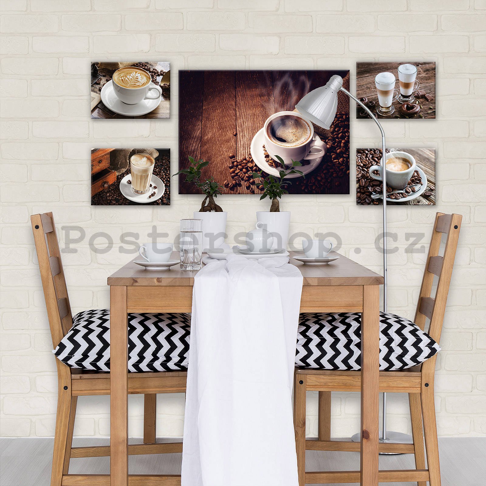 Obraz na plátně: Coffee break - set 1ks 70x50 cm a 4ks 32,4x22,8 cm