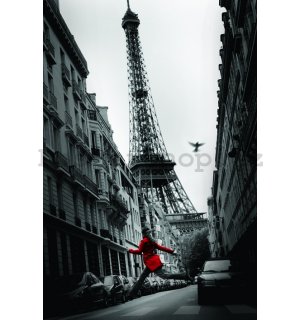Plakát - Paříž, Eiffelova věž a dívka v červeném