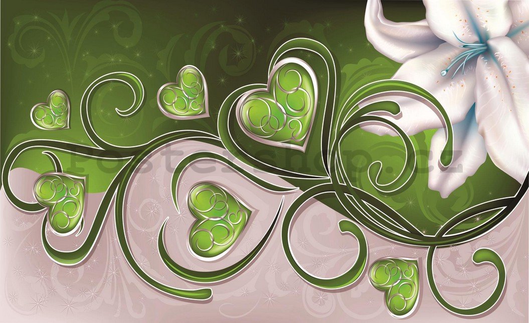 Fototapeta: Srdíčka a lilie (zelené) - 254x368 cm