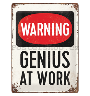 Plechová cedule - Warning! Genius at Work