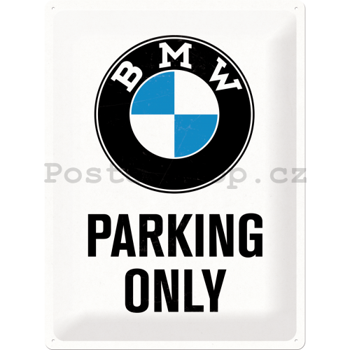 Plechová cedule: BMW Parking Only (bílá) - 40x30 cm