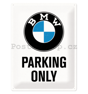 Plechová cedule: BMW Parking Only (bílá) - 40x30 cm