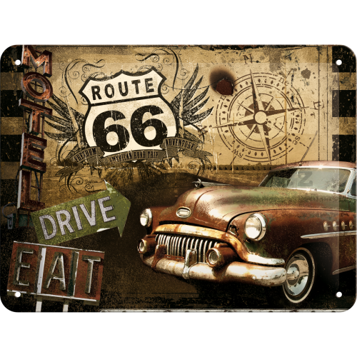 Plechová cedule: Route 66 (Drive, Eat) - 15x20 cm