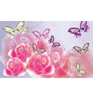 Fototapeta: Růžové růže a motýli - 184x254 cm
