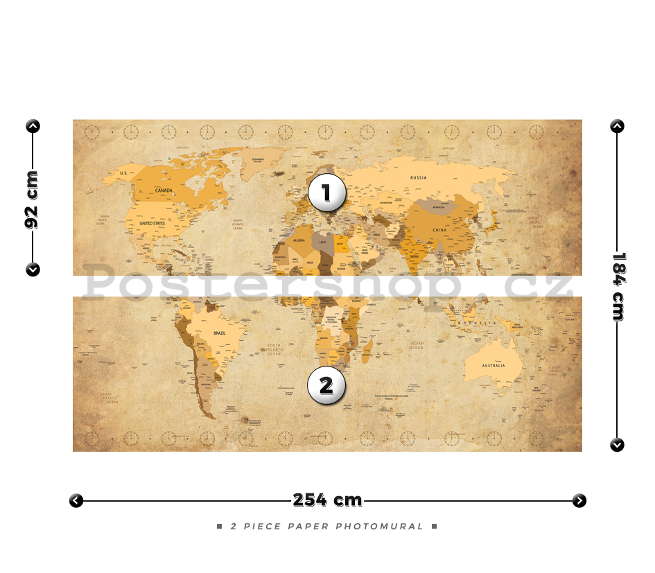 Fototapeta: Mapa světa (Vintage) - 184x254 cm