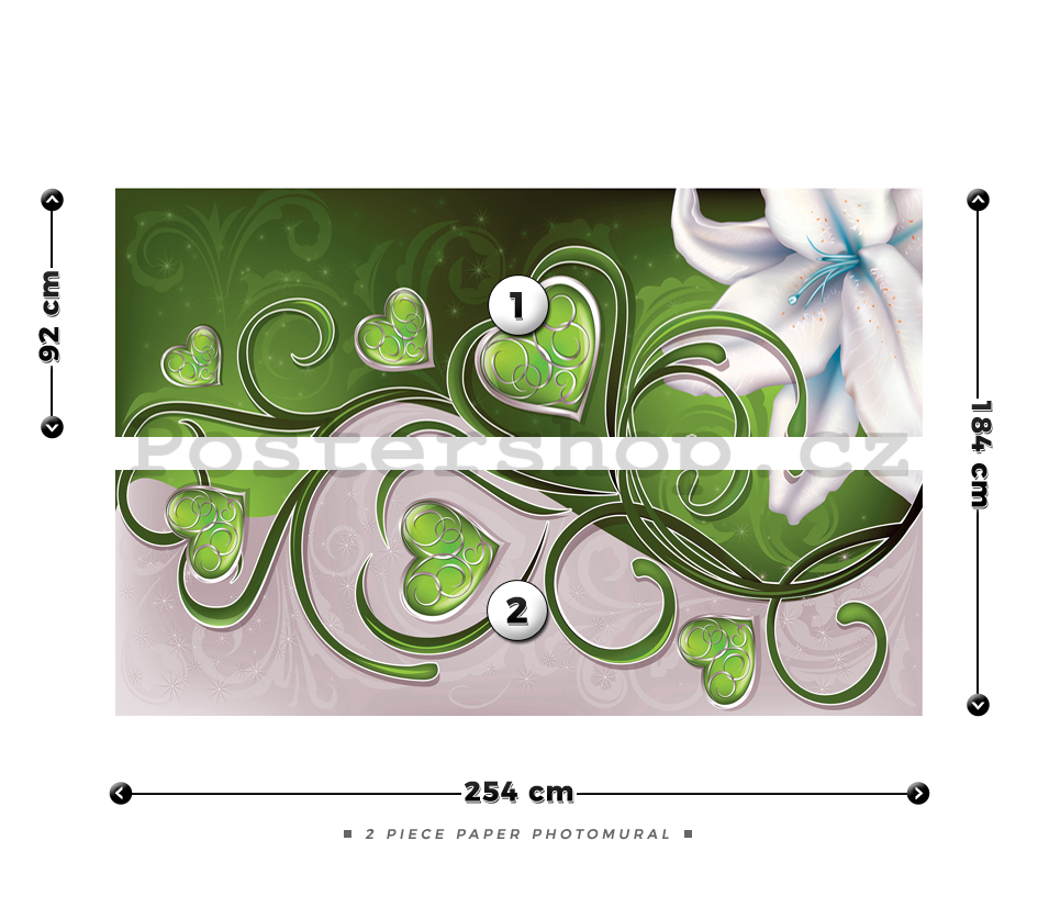 Fototapeta: Srdíčka a lilie (zelené) - 184x254 cm