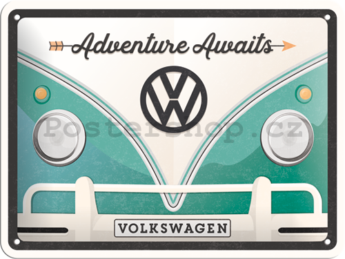 Plechová cedule: Volkswagen Adventure Awaits - 15x20 cm