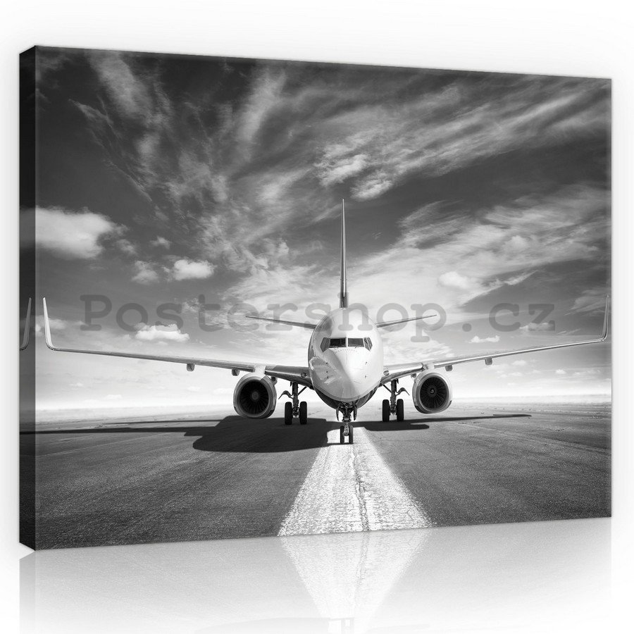 Obraz na plátně: Proudové letadlo (černobílé) - 75x100 cm