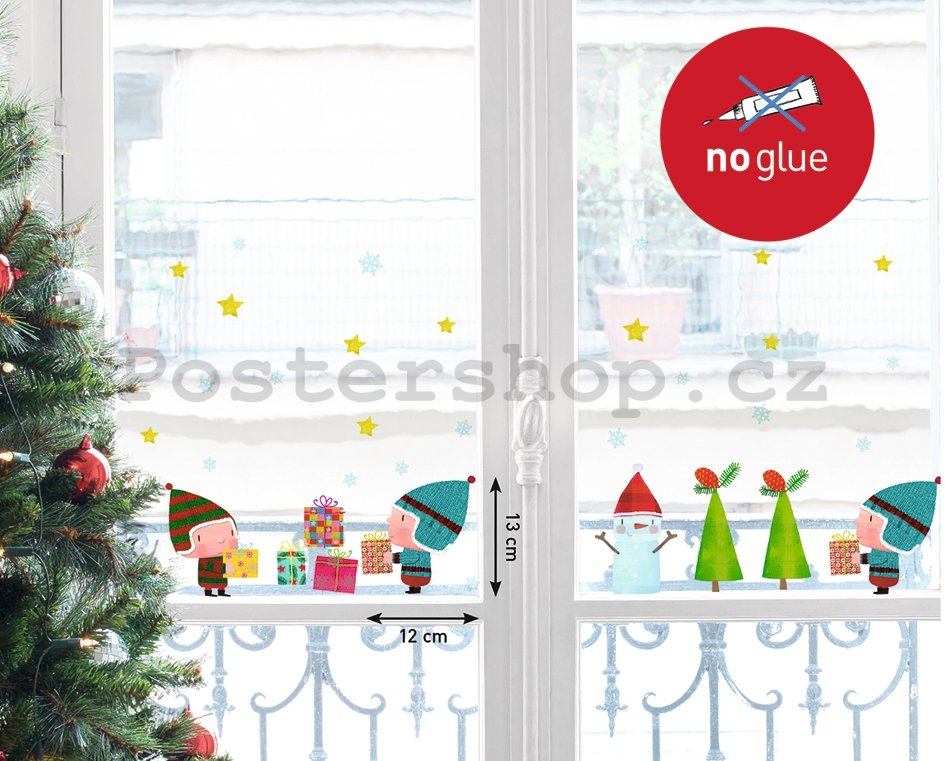 Vánoční samolepka na sklo - Elfové s dárky