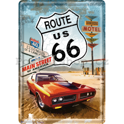Plechová pohlednice - Route 66 (Red car)