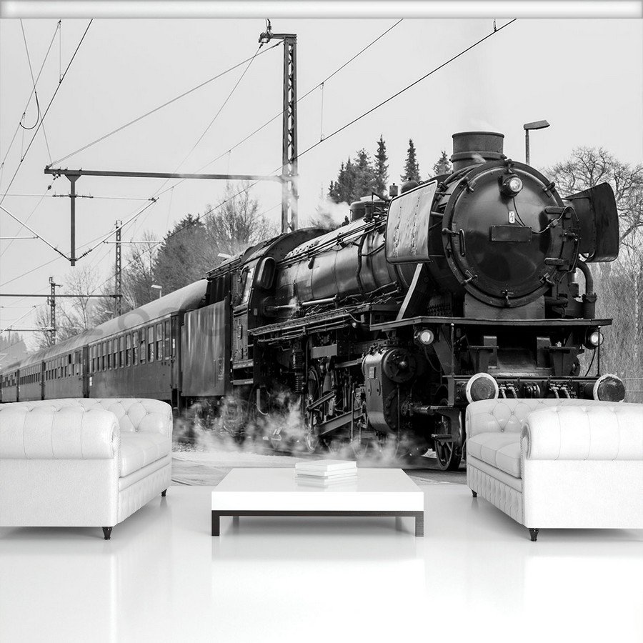Fototapeta vliesová: Parní lokomotiva (černobílé) - 184x254 cm
