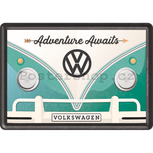 Plechová pohlednice - VW Bulli  (Adventure Awaits)
