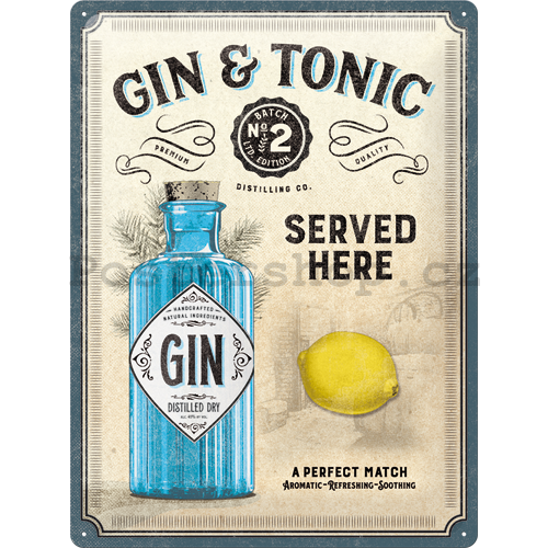 Plechová cedule: Gin & Tonic Served Here - 40x30 cm