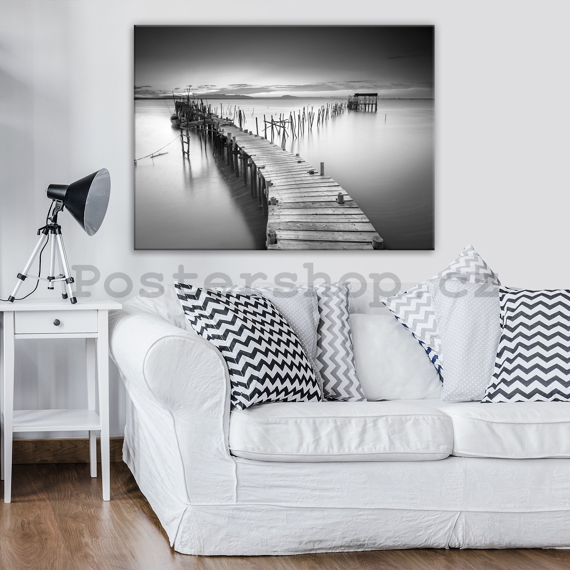 Obraz na plátně: Dřevěné molo (černobílé) - 75x100 cm