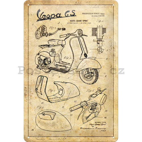 Plechová cedule: Vespa GS (Parts Sketches) - 30x20 cm