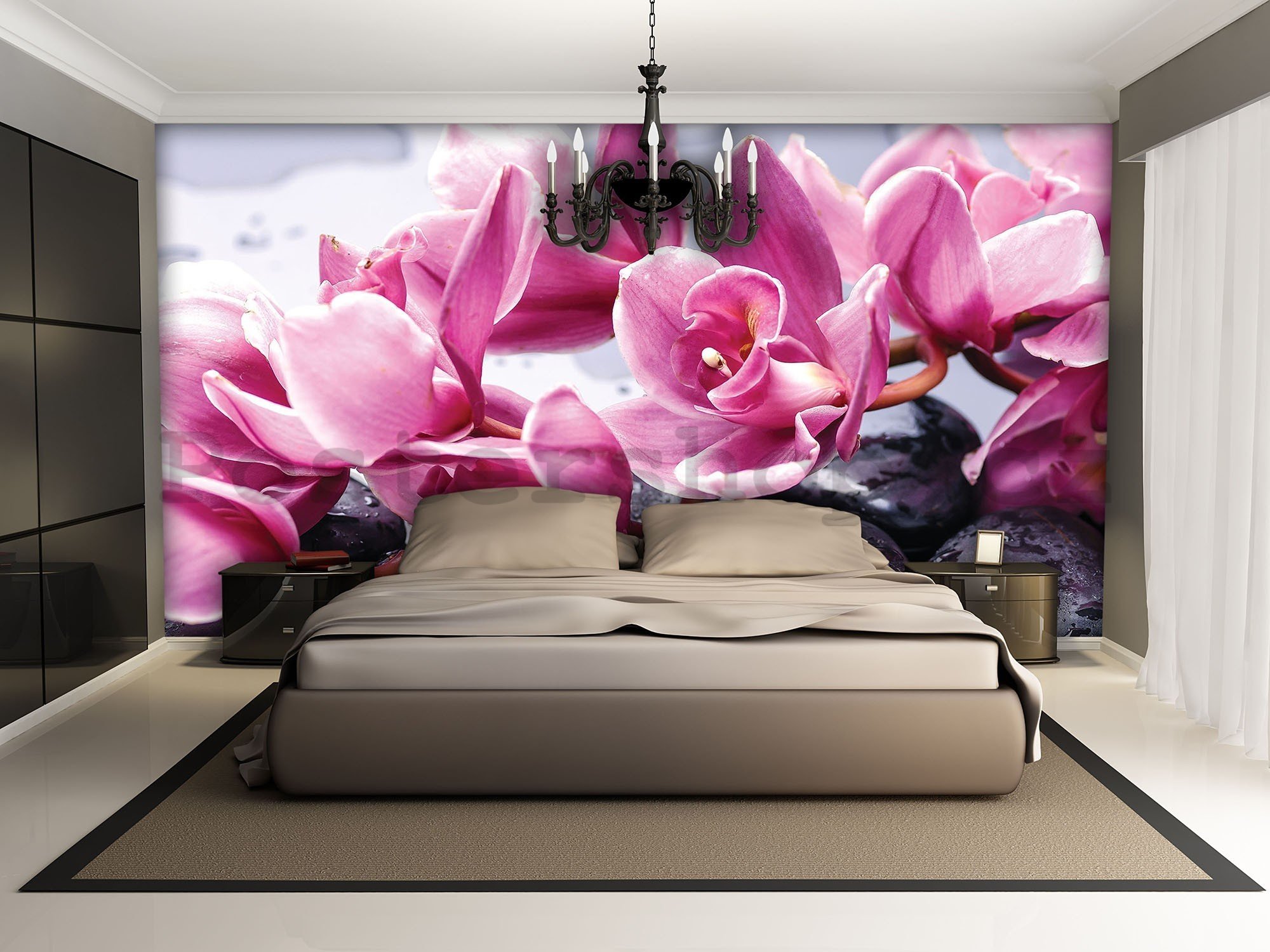 Fototapeta vliesová: Lázeňské kameny a růžové orchideje - 416x254 cm