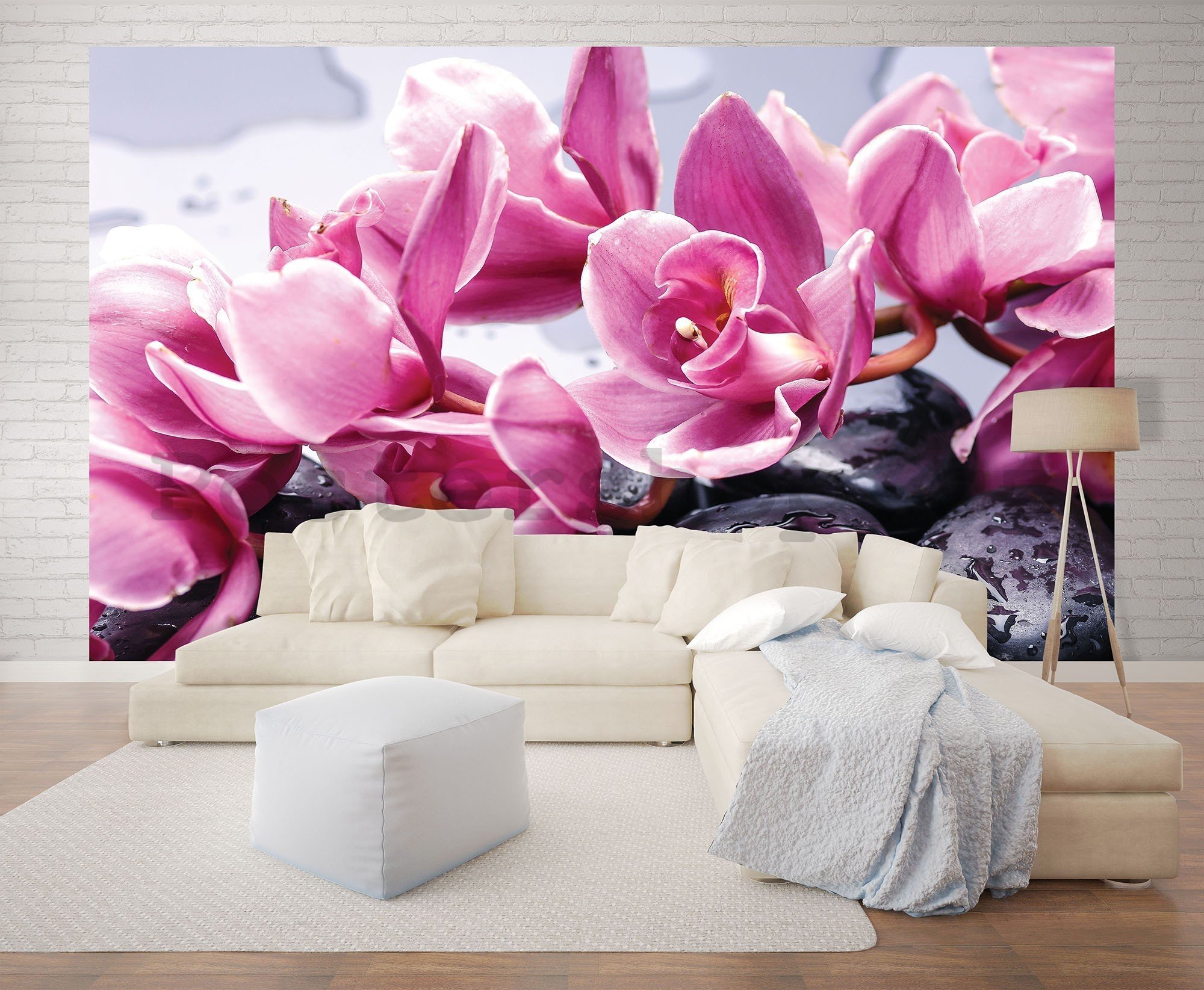 Fototapeta vliesová: Lázeňské kameny a růžové orchideje - 416x254 cm
