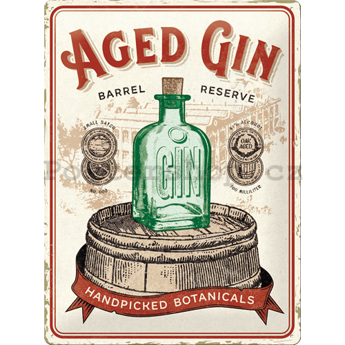 Plechová cedule: Aged Gin Barrel - 30x40 cm