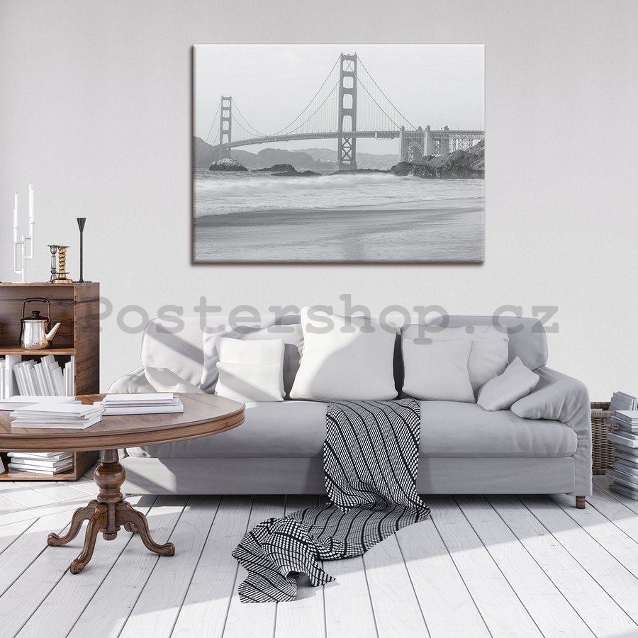 Obraz na plátně: Golden Gate Bridge (černobílý) - 75x100 cm