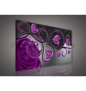 Obraz na plátně: Srdíčka a růže (fialové) - 75x100 cm