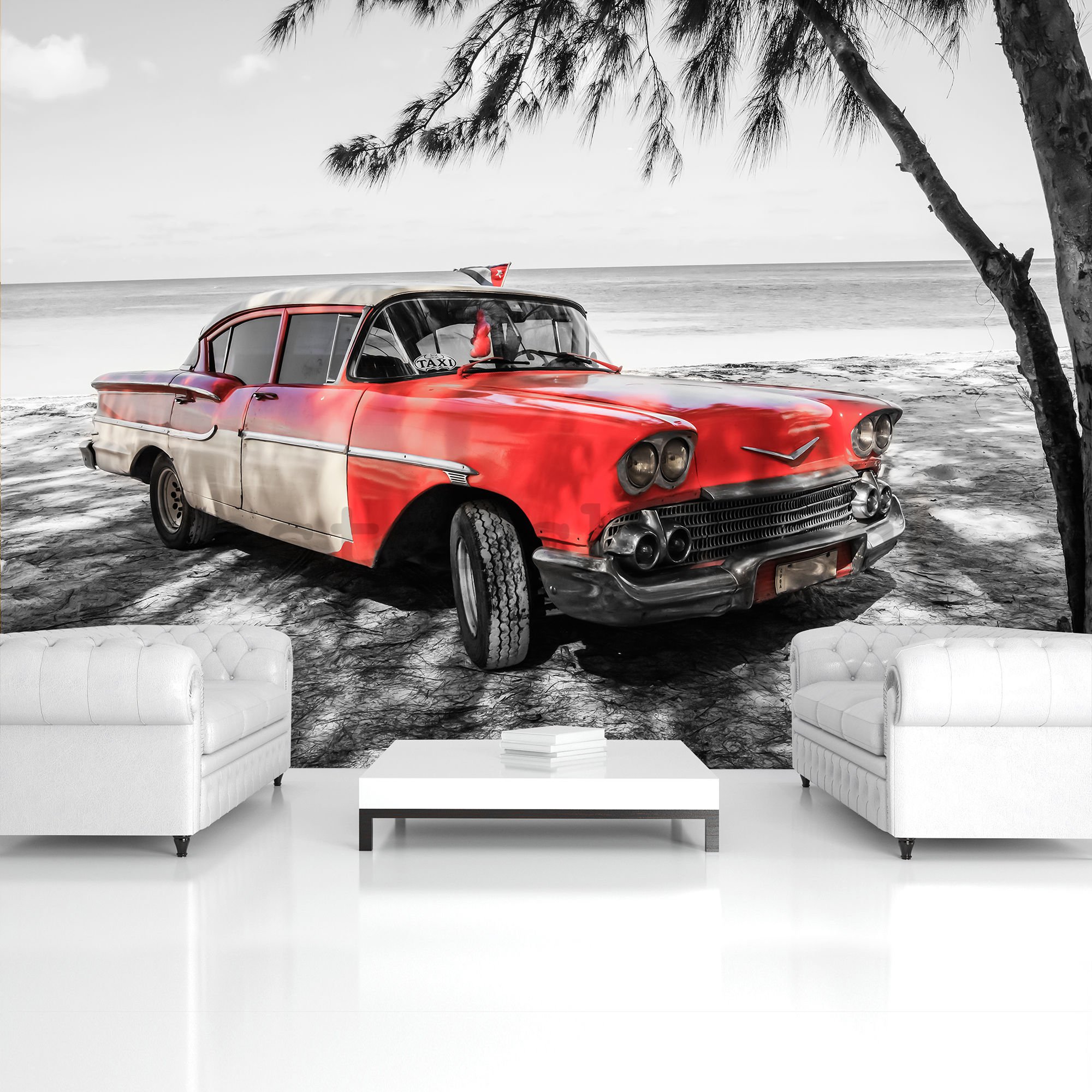 Fototapeta vliesová: Kuba červené auto u moře - 254x368 cm