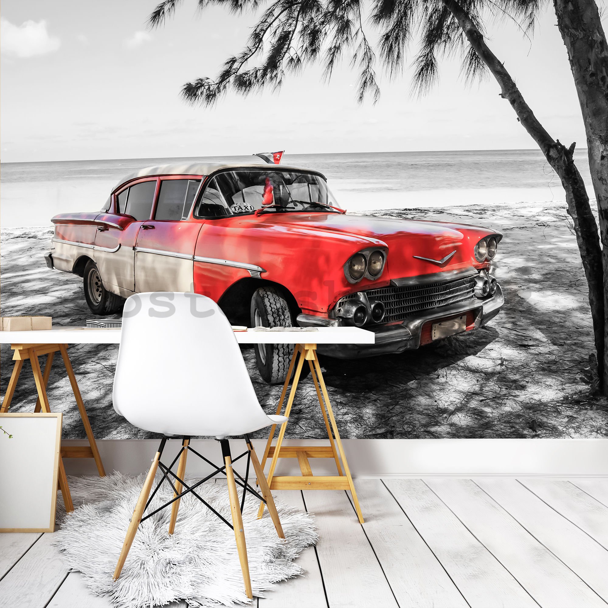 Fototapeta vliesová: Kuba červené auto u moře - 254x368 cm