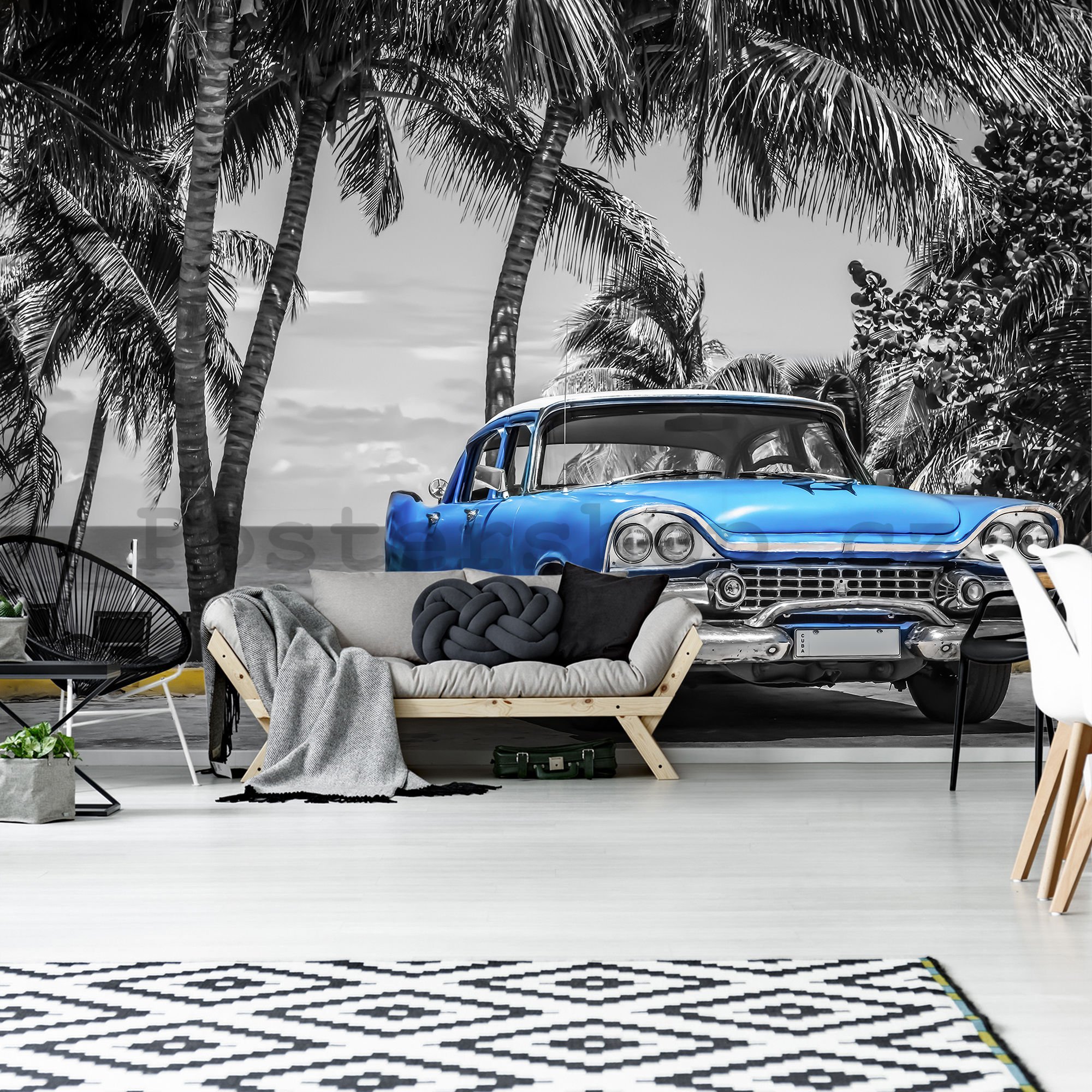 Fototapeta vliesová: Kuba modré auto u moře - 254x368 cm