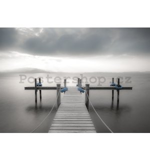 Fototapeta vliesová: Dřevěná lávka do moře (černobílá) - 416x254 cm