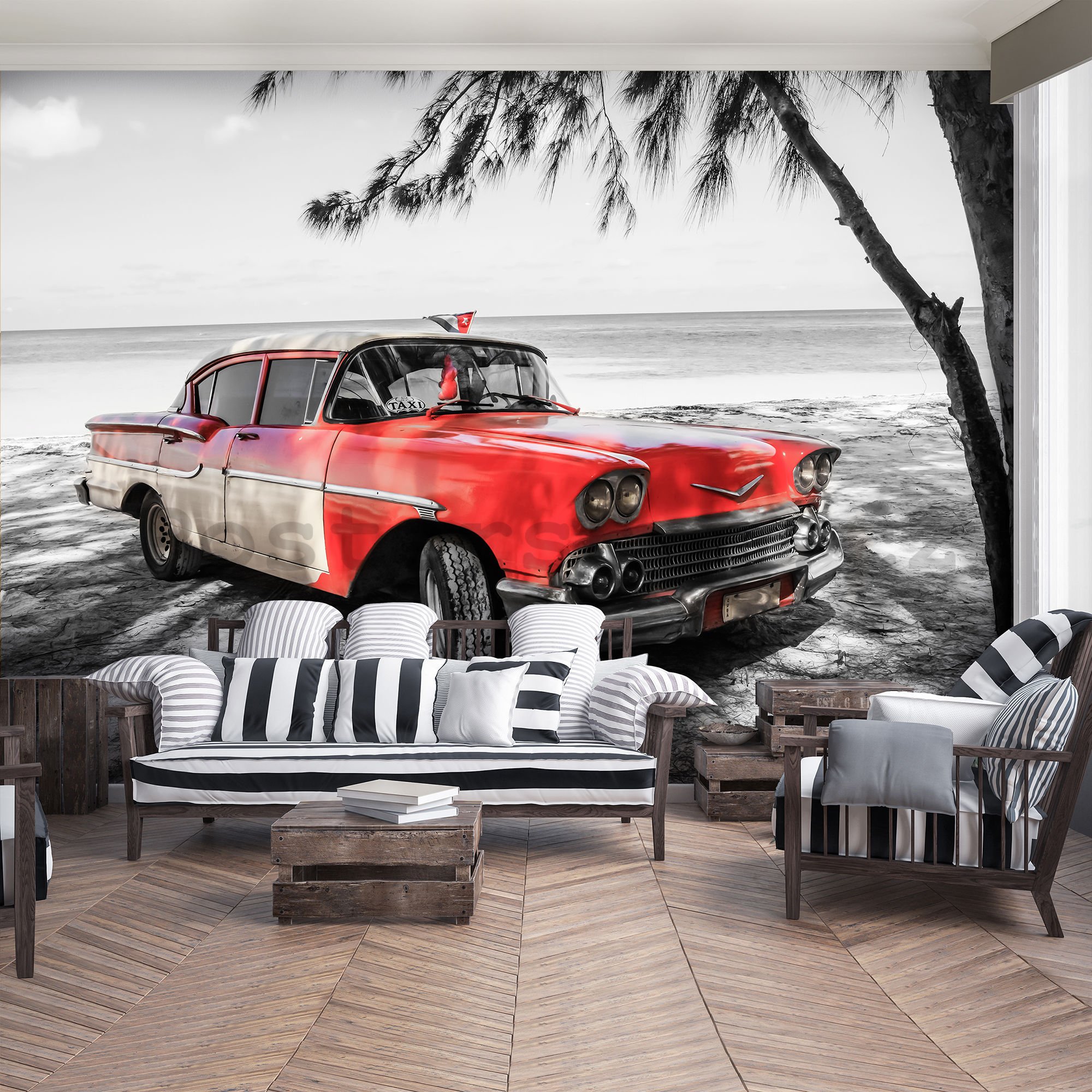 Fototapeta vliesová: Kuba červené auto u moře - 184x254 cm