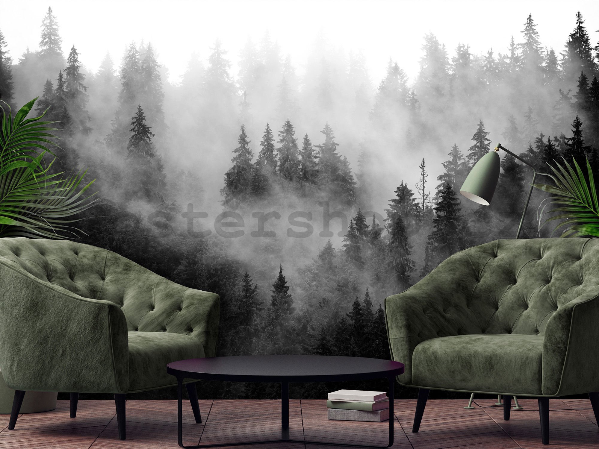 Fototapeta vliesová: Mlha nad lesem (černobílá) - 416x254 cm