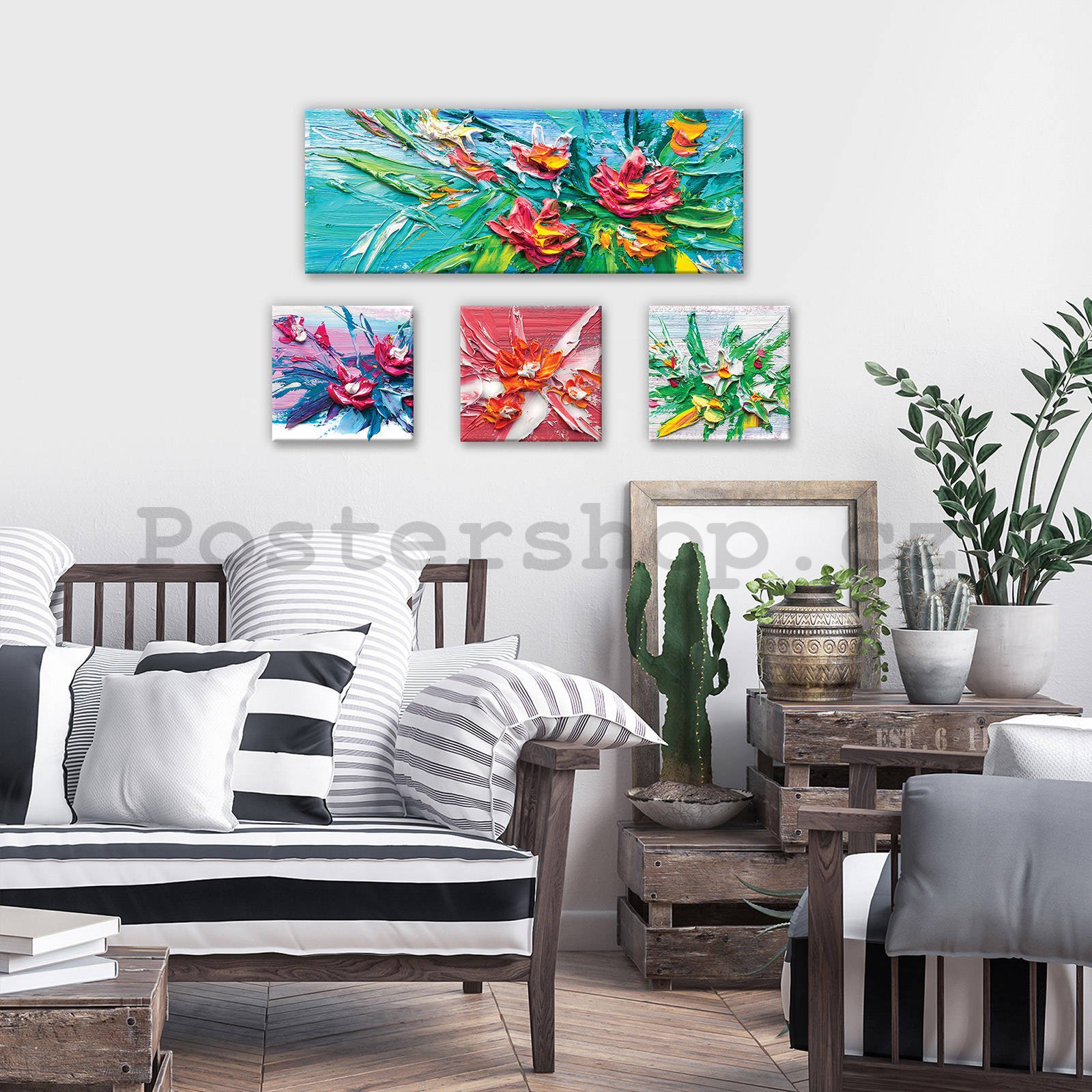 Obraz na plátně: Květiny malované - set 1ks 80x30 cm a 3ks 25,8x24,8 cm