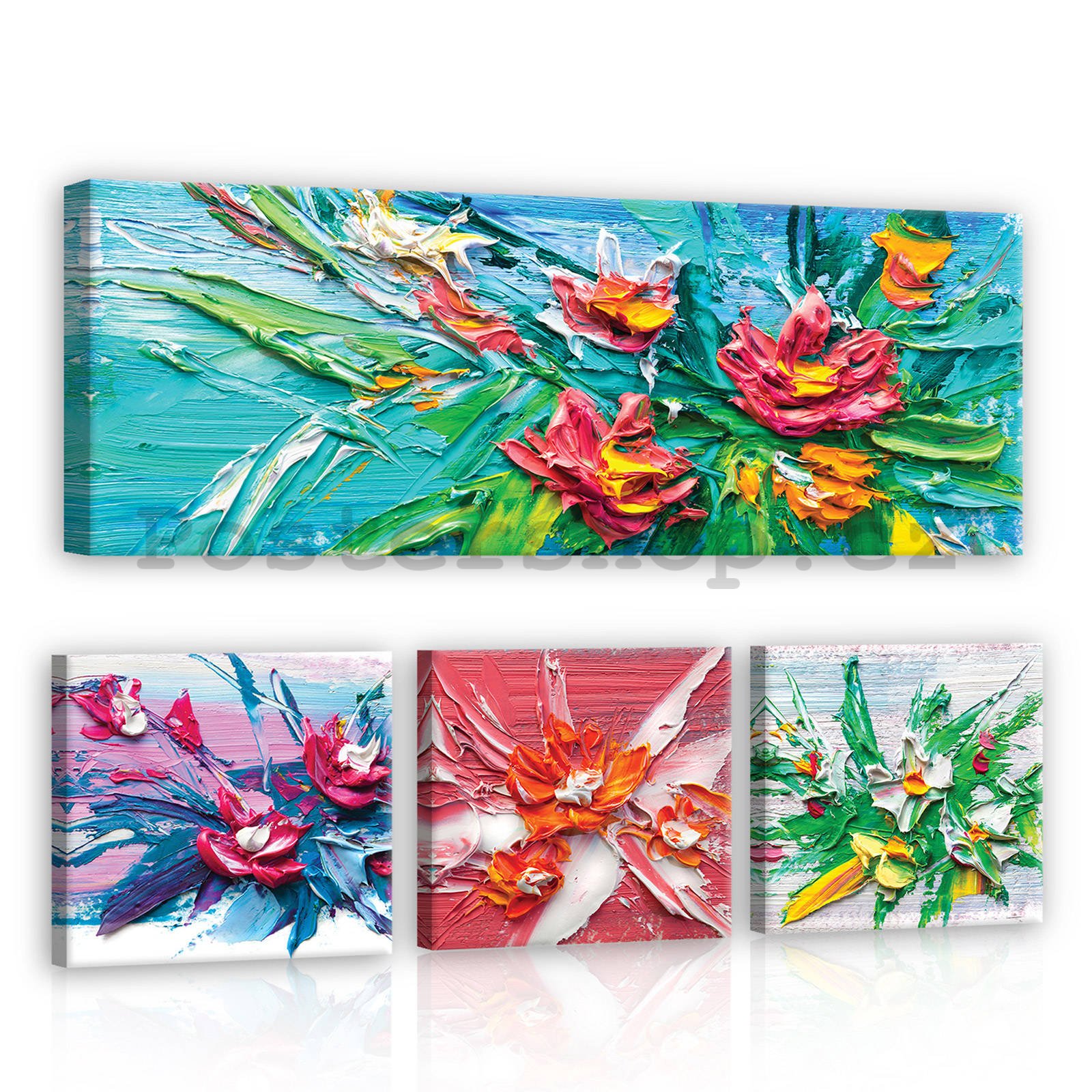 Obraz na plátně: Květiny malované - set 1ks 80x30 cm a 3ks 25,8x24,8 cm