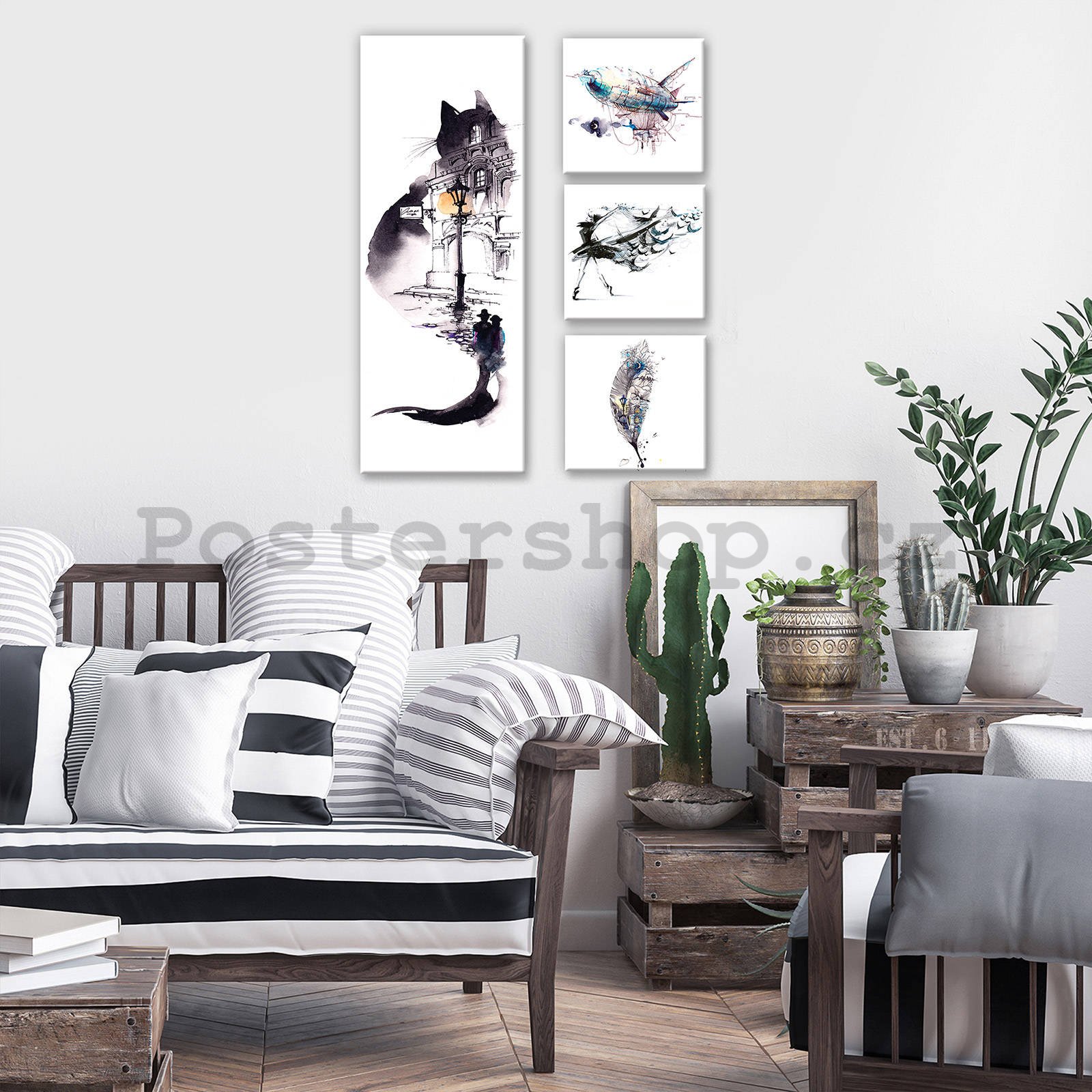 Obraz na plátně: Černobílá kočka - set 1ks 80x30 cm a 3ks 25,8x24,8 cm