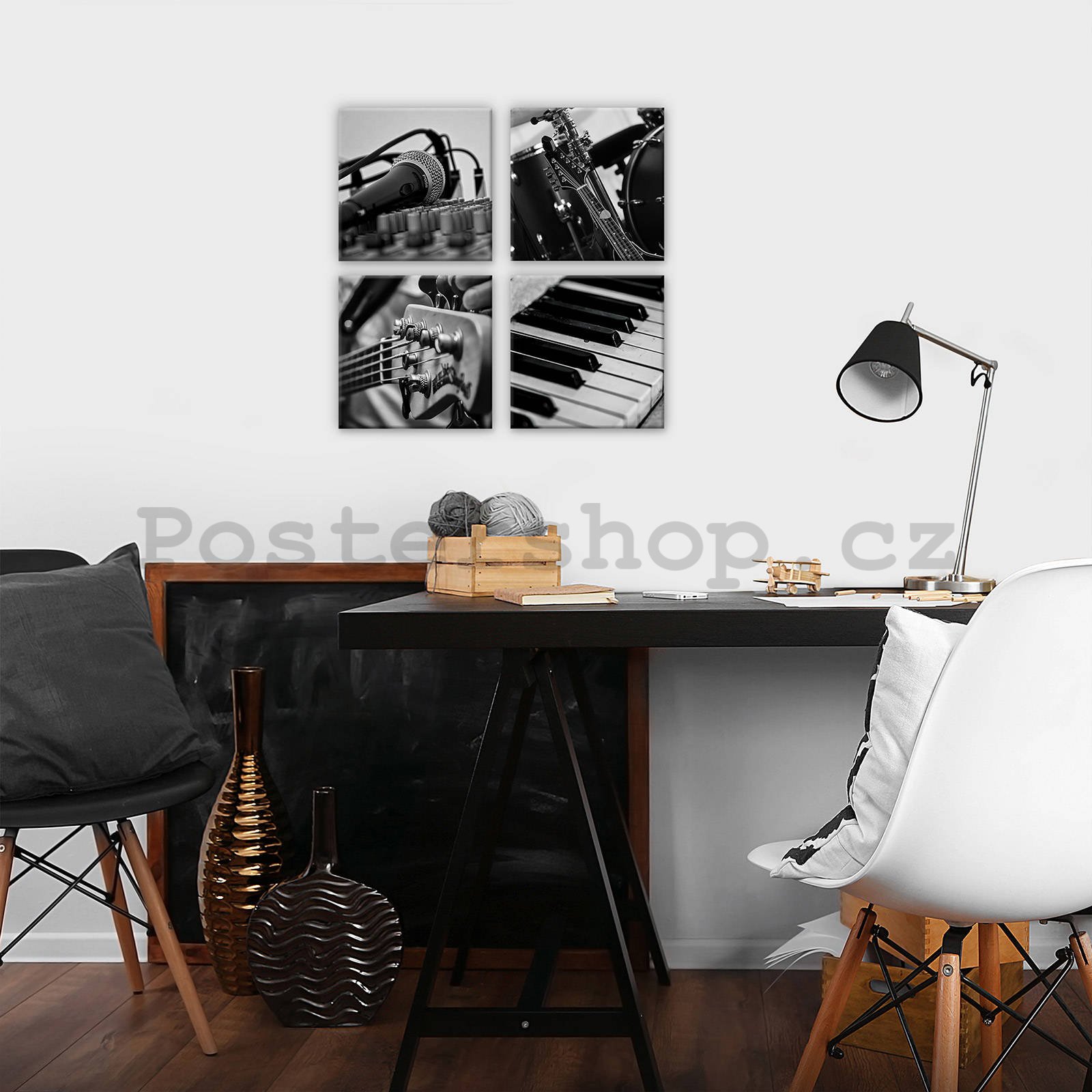 Obraz na plátně: Černobílá hudba - set 4ks 25x25cm