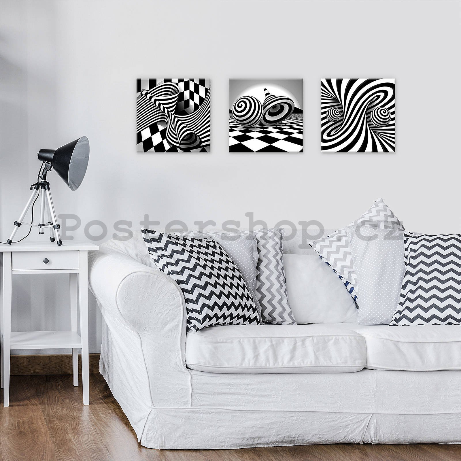Obraz na plátně: 3D černobílé spirály a kostky - set 3ks 25x25cm