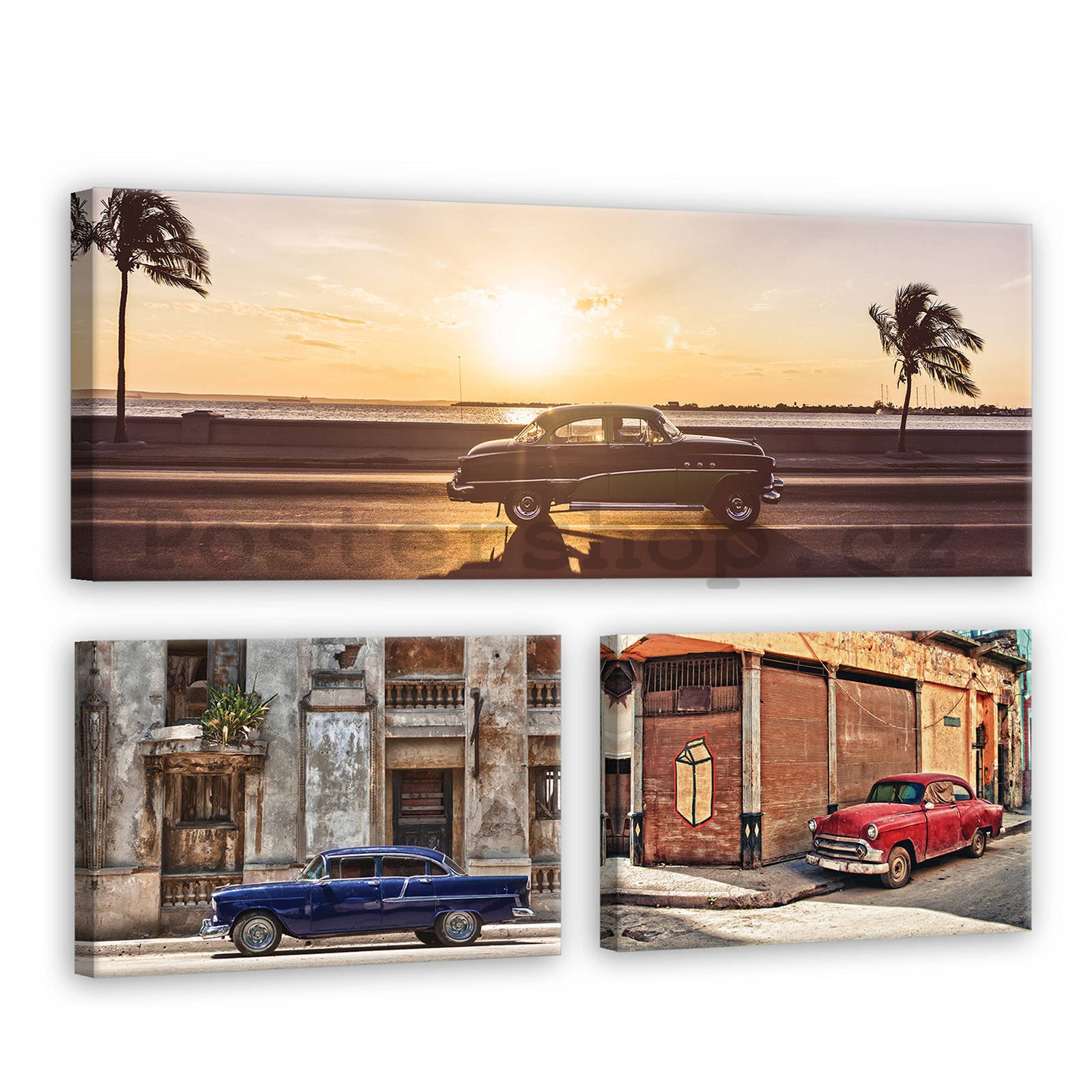 Obraz na plátně: Havana auto u moře - set 1ks 80x30 cm a 2ks 37,5x24,8 cm