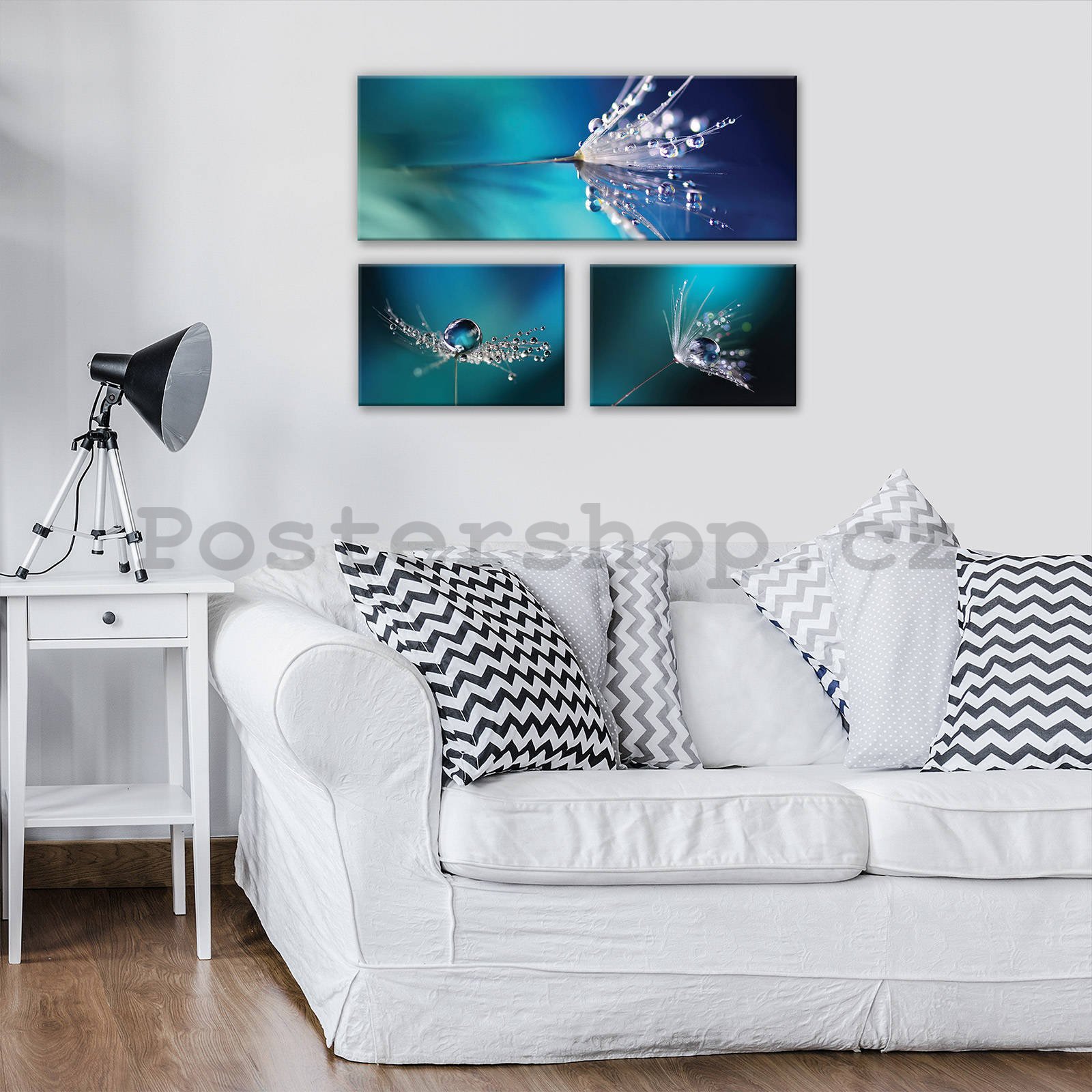 Obraz na plátně: Pampeliška v modré - set 1ks 80x30 cm a 2ks 37,5x24,8 cm