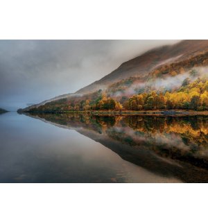 Fototapeta: Podzimní les v mlze a jezero - 368x254cm