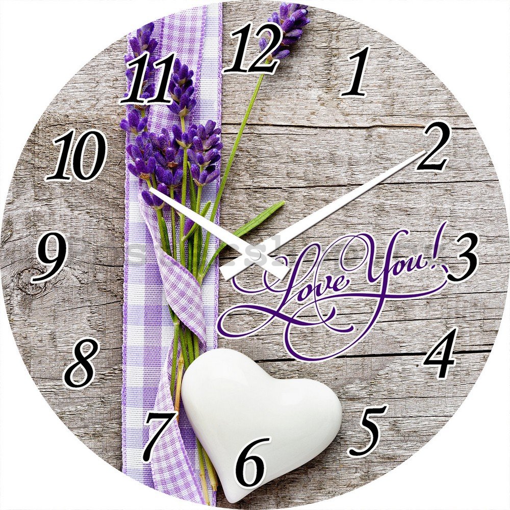 Nástěnné skleněné hodiny: Love You! (Levandule a srdce) - 30 cm