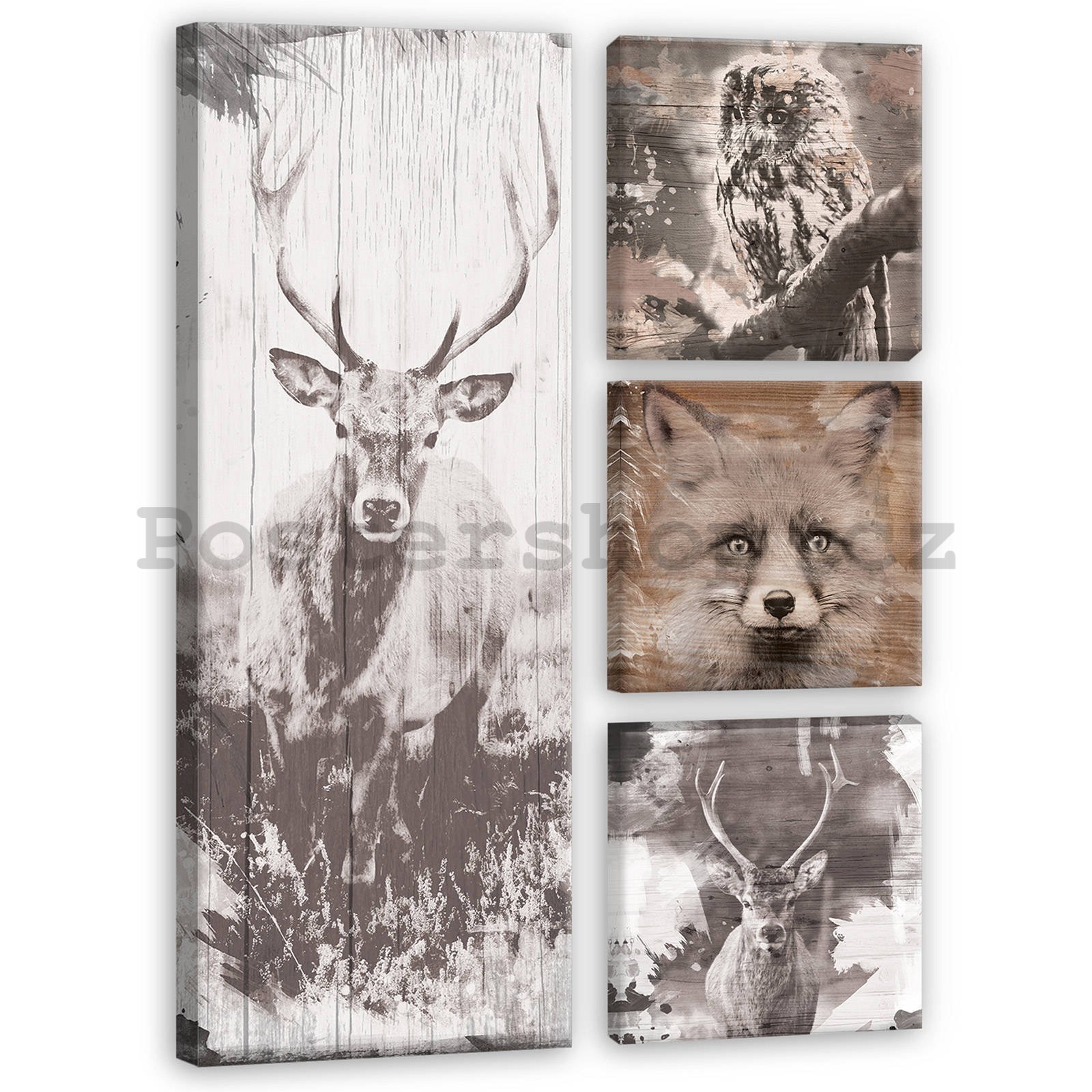 Obraz na plátně: Zvířata v lese - set 1ks 80x30 cm a 3ks 25,8x24,8 cm