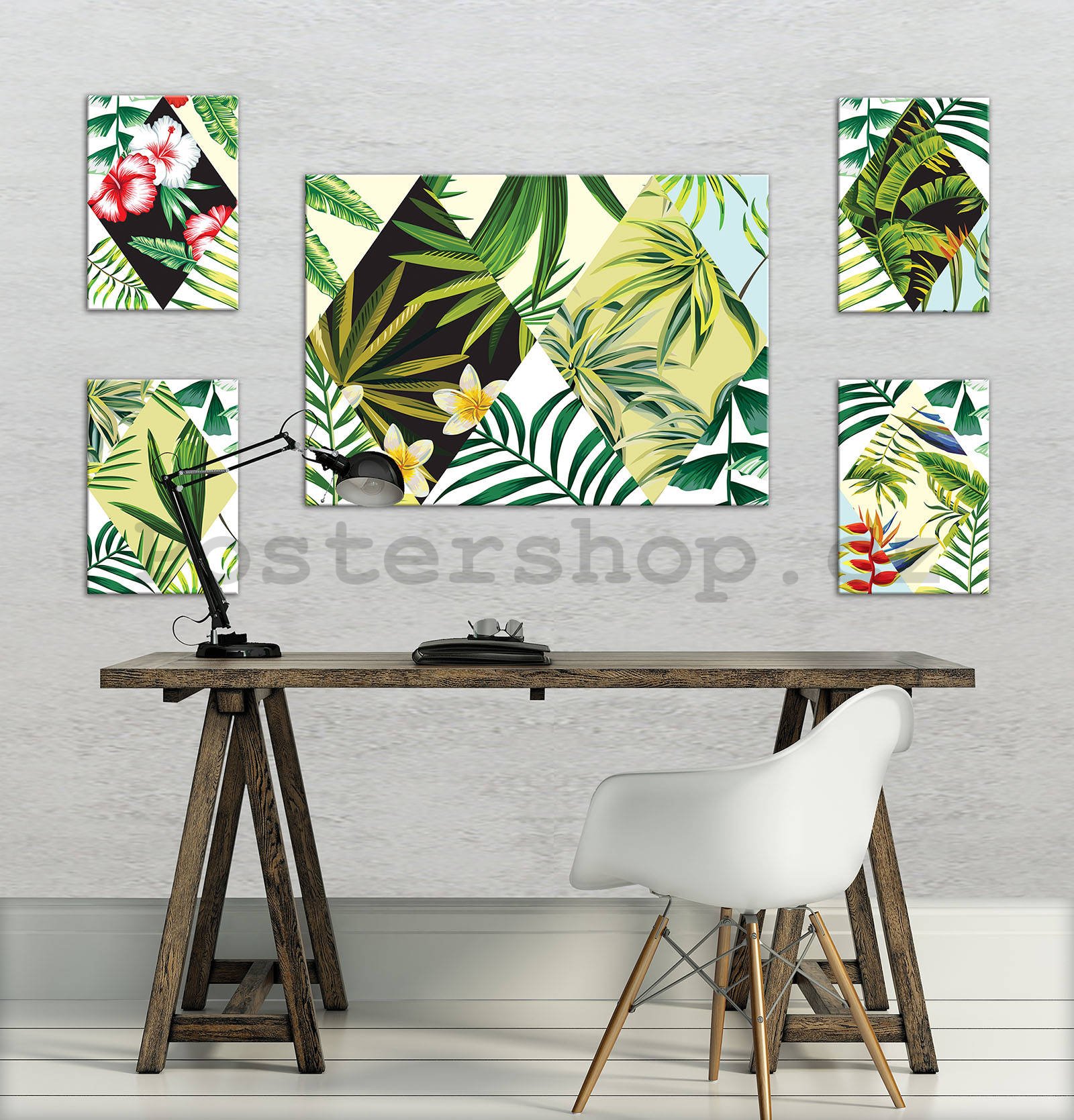Obraz na plátně: Malovaná tropická flóra (3) - set 1ks 70x50 cm a 4ks 32,4x22,8 cm
