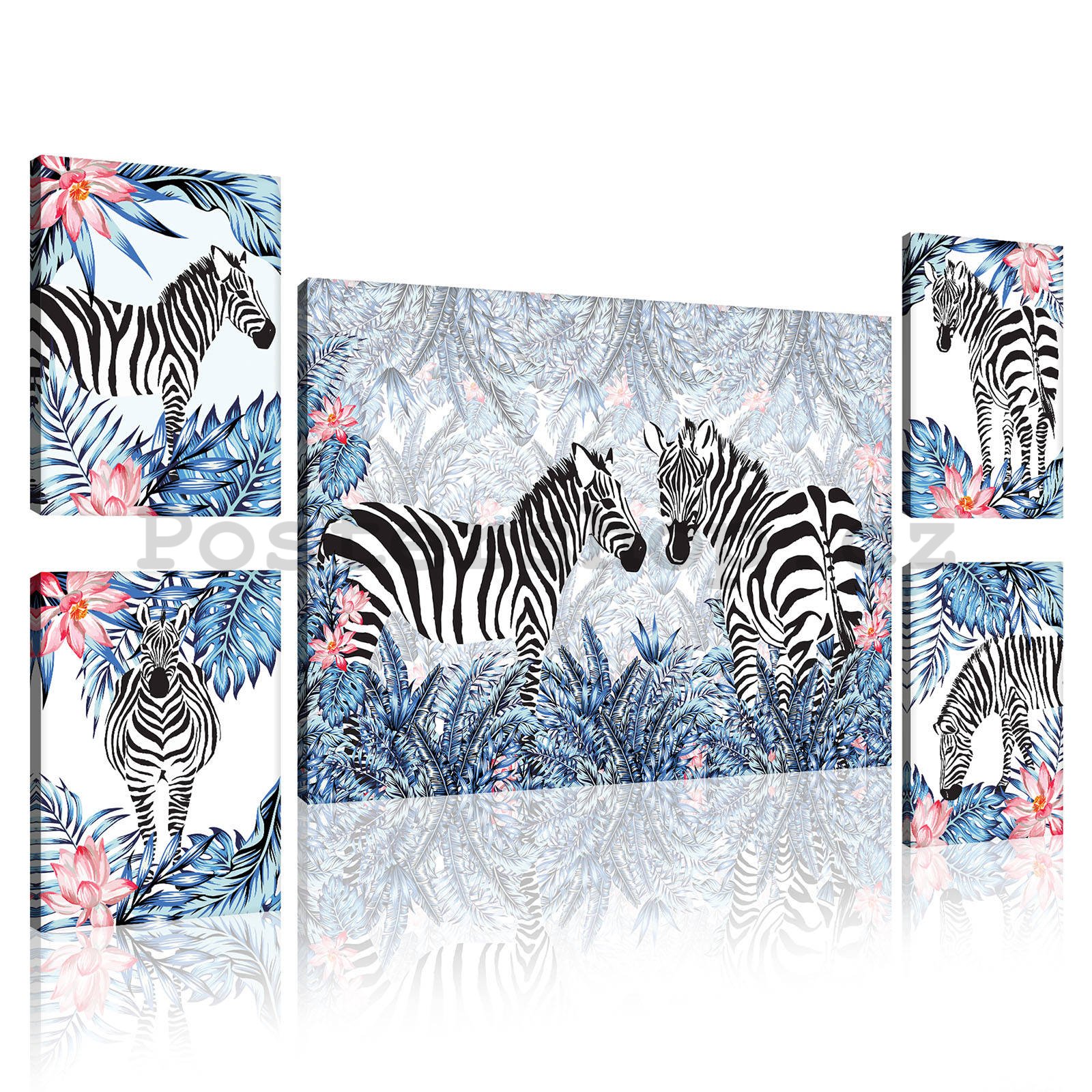 Obraz na plátně: Malované zebry (1) - set 1ks 70x50 cm a 4ks 32,4x22,8 cm