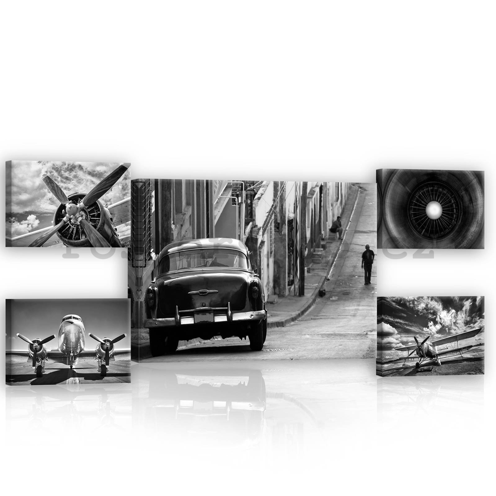 Obraz na plátně: Černobílé stroje - set 1ks 70x50 cm a 4ks 32,4x22,8 cm