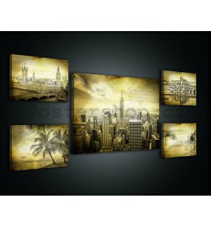Obraz na plátně: Vintage pohlednice - set 1ks 70x50 cm a 4ks 32,4x22,8 cm