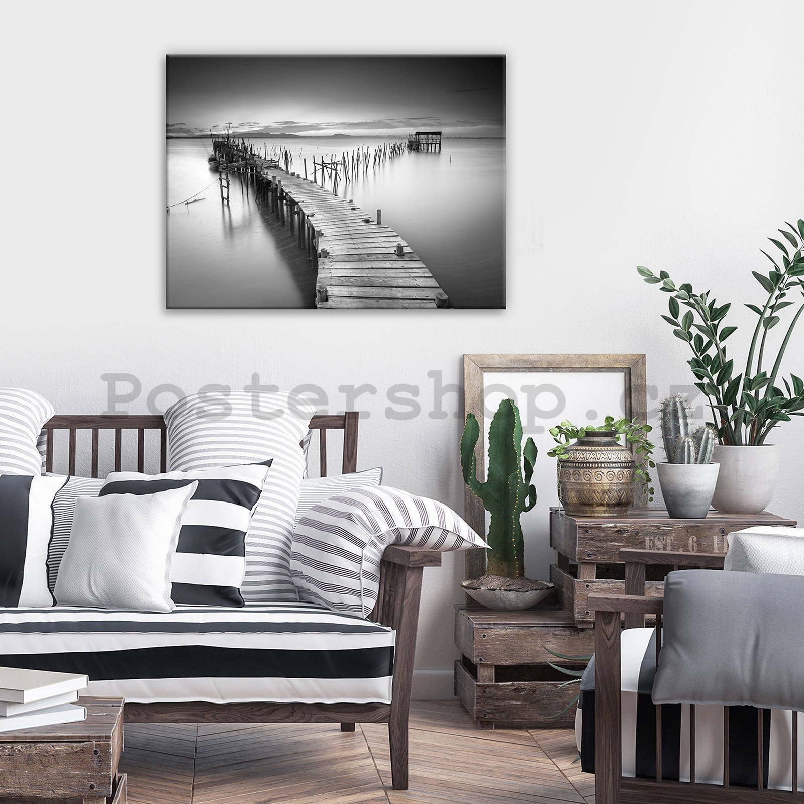 Obraz na plátně: Dřevěné molo (černobílé) - 80x60 cm