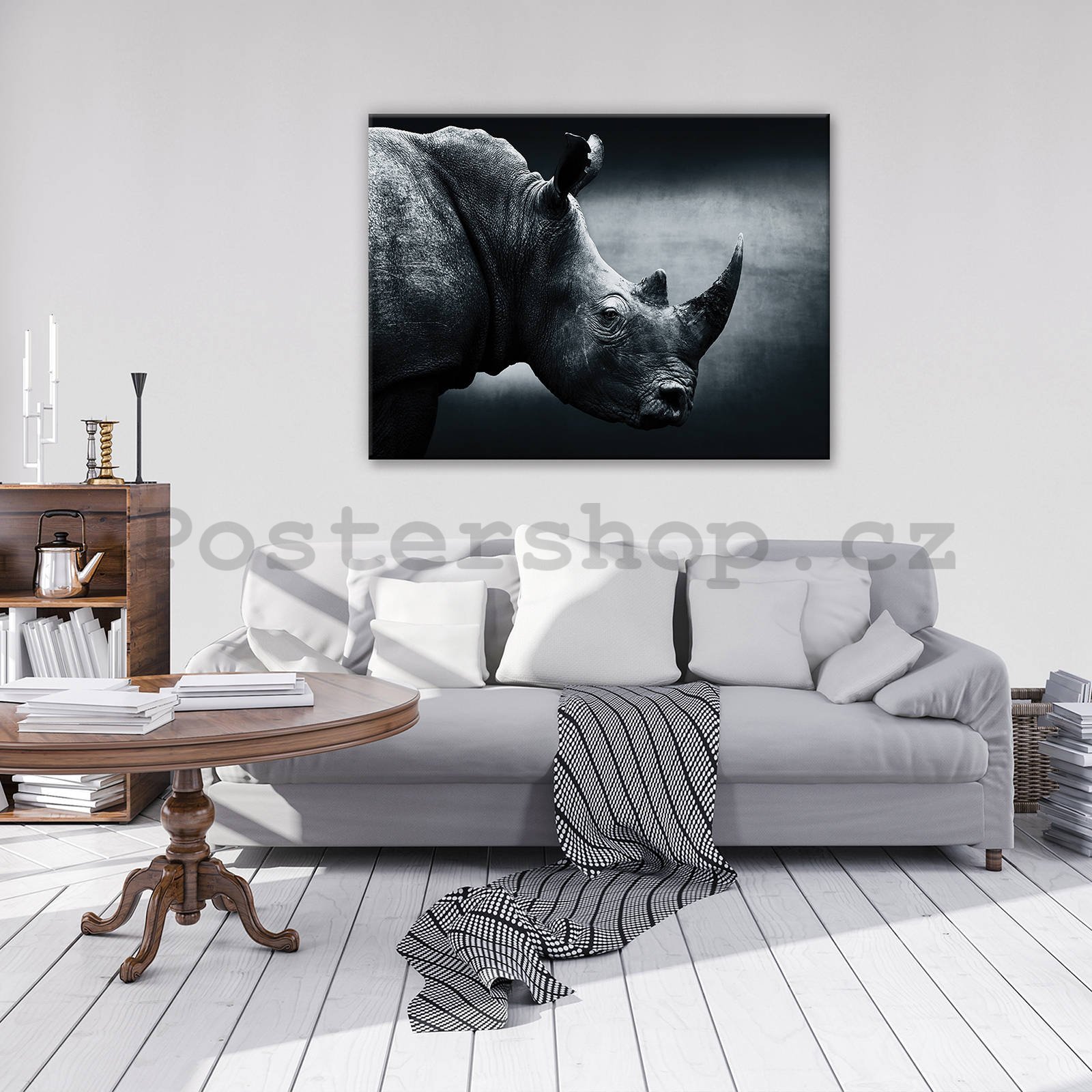 Obraz na plátně: Nosorožec (černobílý) - 80x60 cm