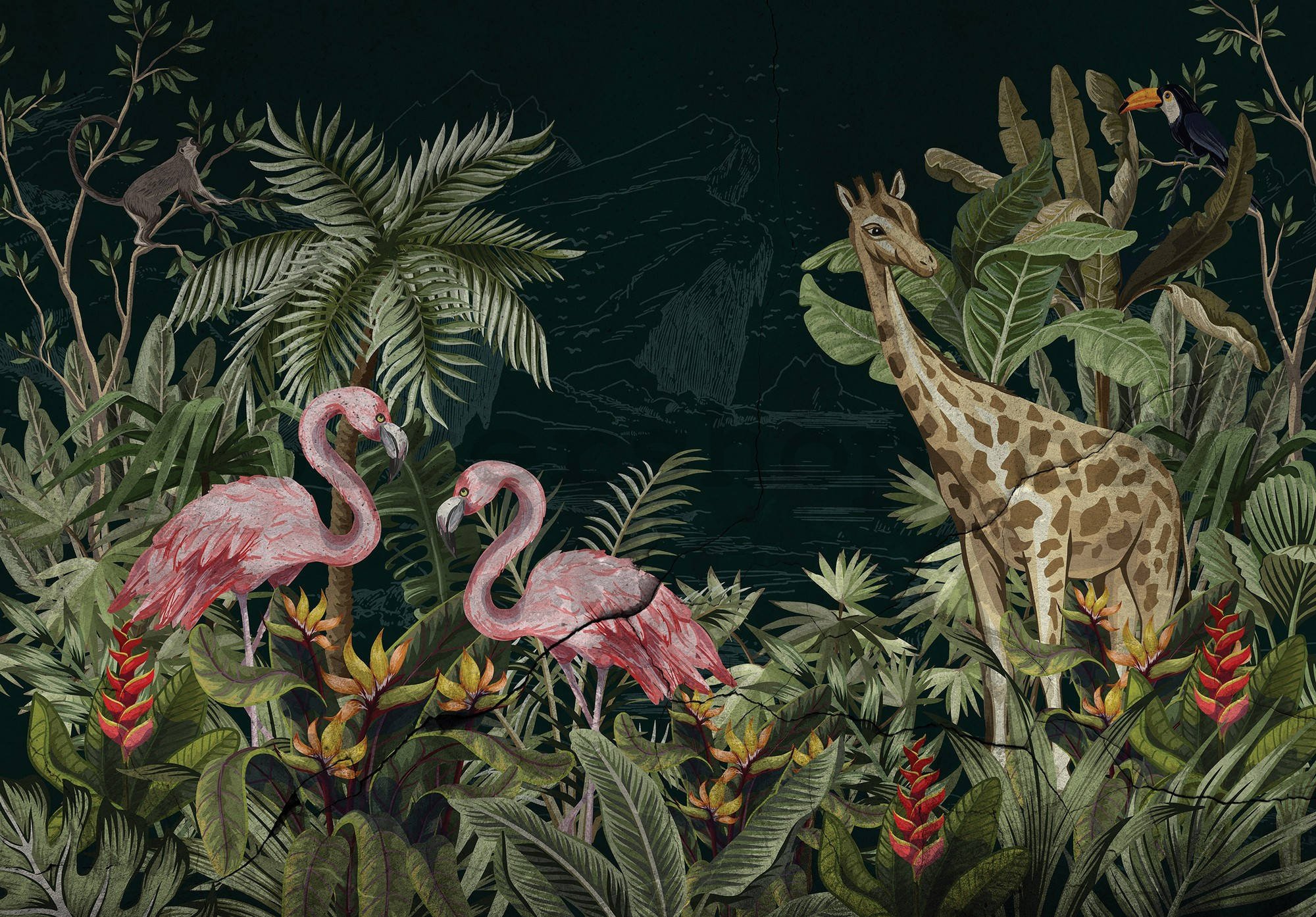 Fototapeta vliesová: Plameňáci a žirafa - 254x184 cm
